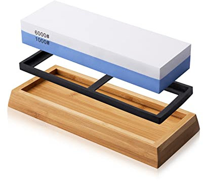 MIDO PROFESSIONAL ABRASIVE Whetstone Kitchen Knife Sharpener 2 Side Grit 1000/6000 Knife Sharpening Stone, Knife Sharpener Stone with Non-Slip Bamboo Base, Wet Stone Sharpening Kit for Kitchen Hunting