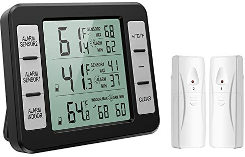 ORIA Kühlschrank Thermometer Gefrierschrank Thermometer, Kühlschrankthermometer Innen und Außen Thermometer mit 2 Sensoren, Temperatur Alarm, MIN/MAX, Temperaturtrendanzeige Pfeil - Schwarz