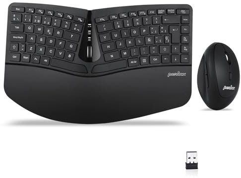 Perixx Periduo-606 Kompakt-Tastatur-Set, ergonomisch, kabellos, vertikal, tragbar, mit Verstellbarer Handgelenkstütze und Membran-Tasten, Low Profile, spanisches Layout