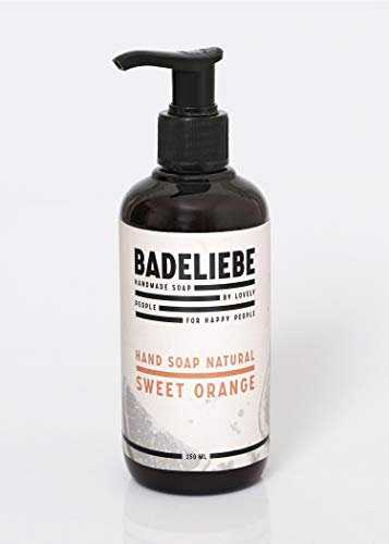 BADELIEBE Flüssigseife „Sweet Orange“ mit Mandarine – 250 ml vegane Handseife im Pumpspender für Hände, Gesicht & Körper – Frei von Palmöl und Tierversuchen