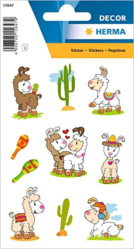 HERMA 15647 Aufkleber Lama klein, 30 Stück, Tiere Sticker mit lustigen Alpaka Kaktus Motiv, Kinder Etiketten für Fotoalbum Tagebuch Poesiealbum Scrapbooking Geburtstag Dekoration Briefe DIY Basteln