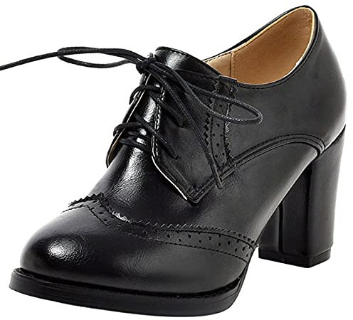 MJIASIAWA Femmes Closed Toe Classiquedentellets Bureau Décontractée Bloc Escarpins Richelieu Ville Travail Rétro Talons Hauts Escarpins Noir Taille 38 EU/39 Asiatique