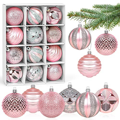 Boules de Noël Rose Clair, Peint Boule Noel 6cm, Boules Sapin de Noël Geantes, Peint Texture Givré Briller, 12PCS Décoration de à Suspendre Plastique
