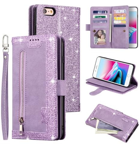 UEEBAI Hülle für iPhone 6 Plus/6S Plus, Retro Leder Klapphülle, Lila | Premium PU Handyhülle Magnetische Lederhülle mit 9 Kartenfächer Standfunktion Geldbörse Trageband Schutzhülle Wallet Case