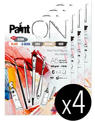 Clairefontaine 975409C - Un bloc papier dessin PaintOn 24 feuilles 14,8x21 cm 250g couleurs assorties (4 feuilles en blanc, à grain, gris, naturel, noir et denim) - Paquet de 4 blocs