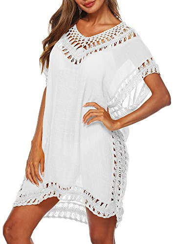 SANSIWU Women Swimsuit Cover Ups Solid Color Cutout Beach Cover Ups V-Neck Short Sleeve Hollow Out Crochet Dress Beachwear