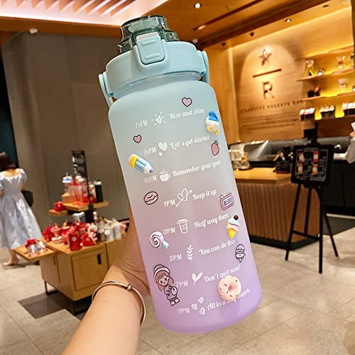 DKIIL NOIYB Bouteille d'eau Kawaii de 2 000 ml, bouteille d'eau étanche avec autocollant 3D Kawaii et marqueur de temps, bouteille d'eau portable mignonne avec paille amovible, 01-d dégradé vert