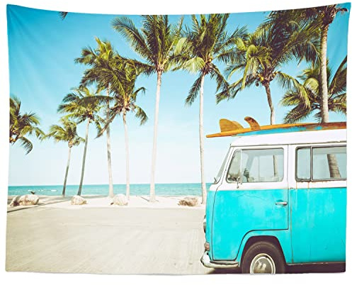 Loccor Strand Auto Tapisserie Vintage Blue Bus Surfboard Hawaii Wandteppich Wandbehang Surf Tropische Sommer Wandkunst für Schlafzimmer Wohnzimmer Wohnheim Zuhause Ästhetische Dekorationen (152,4 x