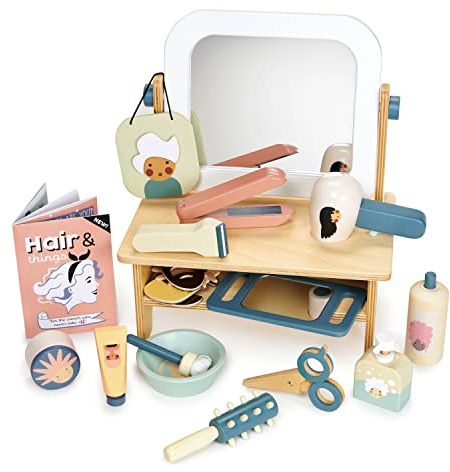 Tender Leaf Toys - Hair Salon - 21 Piece Pretend Play Wooden Hair Cutting Kit, Hairdresser Kit, Hair Styling Set with Tilting Mirror - Encourages Role-Play, Story Invention in Boys and Girls - Age 3+