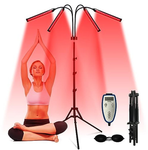 Rotlichtlampe mit Ständer, 180LEDs Red Light Therapy, 660nm & 850nm Rotlichtlampe Infrarotlampe mit Timer, 4 Köpfe Rotlicht Therapie für Schmerzlinderung, Hautpflege
