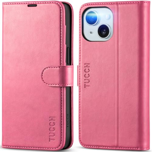 TUCCH Case for iPhone 15 (6.1) 2023, Magnetic PU Leather Wallet Foldable Case with [Viewing Stand] Flip Cover[Shockproof TPU][RFID Blocking][Credit Card Holders] Compatible with iPhone 15, Hot Pink