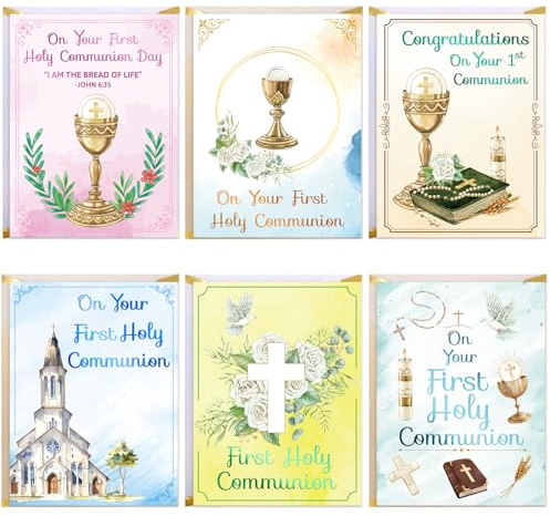 Fancy Land First Holy Communion Cards with Envelopes 24 Pack Gold Foil Religious Baptism Cards Blank Inside