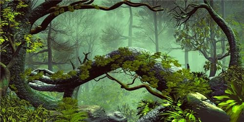 MIRRORANG 76x46cm Foggy Forest Terrarium Background Stone Green Tree Tropical Reptile Habitat Background Rainforest Aquarium Background Vinyl Background