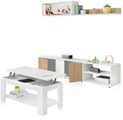 duehome | Pack de Salon con Modulo TV + Mesa de Centro, Conjunto de Salon, Modelo Alix Plus V1, Acabado en Blanco Artik, y Natur