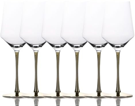 INTIRILIFE 6x Wein Glas mit goldfarbenem Stiel - 380 ml Füllmenge - Rotwein Weißwein Glas Kelch Kristallglas stoßfest