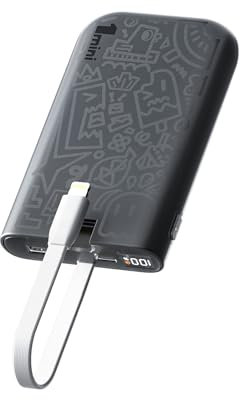 imuto Powerbank 10000mAh mit ios eingebautem Kabel, PD 22.5W USB C Akku tragbares Ladegerät mit LED-Anzeige Typ C Externer Handyakkus für iPhone 14/13/12 Galaxy Google Pixel LG iPad Xiaomi-Schwarz