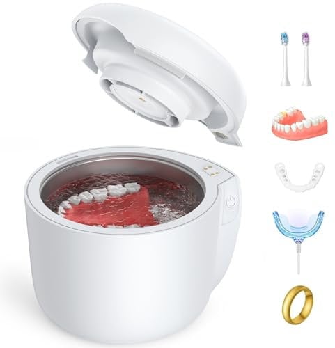 AGPTEK Ultraschallreinigungsgerät, 45kHz Zahnspangenreiniger mit Lüfter, 190ml Ultraschallreiniger für Zahnprothesen, Zahnschienen, Zahnschutz, Aligner, Bleichschienen und Bürstenköpfe, Weiß