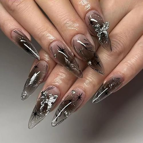Ruzister Lot de 24 faux ongles en forme d'amande à coller sur toute la surface avec papillons en métal ombré noir