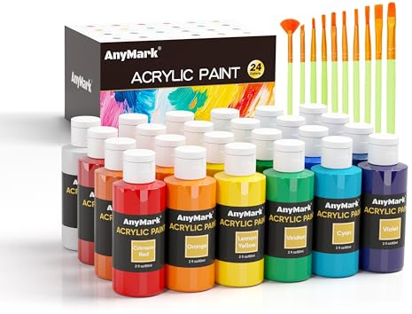 AnyMark Acrylfarbe, 24 Farben Klassisches Acrylfarben-Set | Ungiftige Malutensilien für Leinwand, Stein, Holz, Keramik, 2 fl oz/60 ml Flaschen, 10 Pinsel
