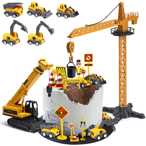 Albefer 21 Pieces Large Construction Cake Toppers Digger Theme Cake Decorations Set Crane Excavator Traffic Road Sign Cake Topper for Kids Boys Birthday Baby Shower Construction Toys Sand Pit Toys