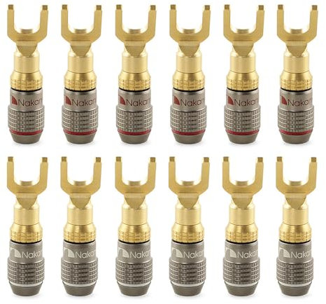 Nakamichi FanLock Excel Series 24k placcato oro connettore a forcella spina a banana 10 AWG - 18 AWG calibro 4mm per altoparlanti amplificatore Hi-Fi cavo connettore rapido, 12 pezzi (6 paia)