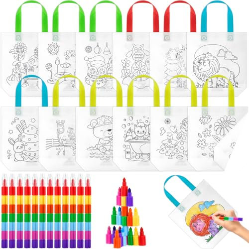 BATINO 12Stück Stoffbeutel zum Bemalen, Stofftaschen zum Bemalen Taschen zum Bemalen mit 12 Stück Stapelbare Wachsmalstifte, DIY Graffiti Non-Woven Beutel für Geschenktüten Geburtstag Gastgeschenke