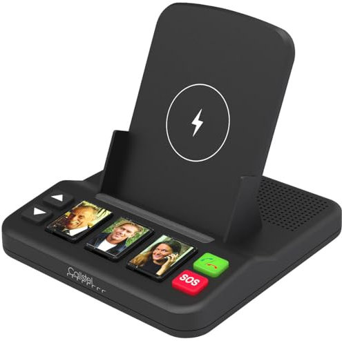 Callstel Senioren Sprechanlage: Senioren-Freisprecheinrichtung mit 3 Kurzwahl-Foto-Tasten, Notruf, Qi (Freisprech-Einrichtung, Handy-Freisprecheinrichtung, iPhone Ladestation)
