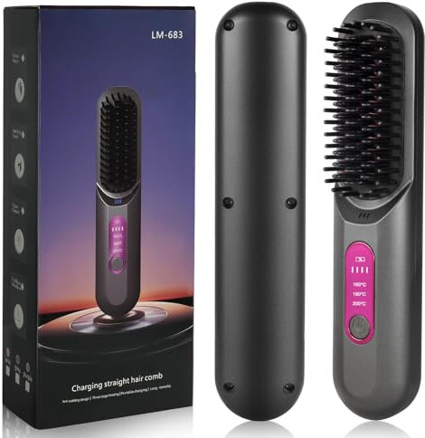 LOPHE Mini Haarglätterbürste, Glättbürste Kabellos, Hair Straightener Comb mit LCD-Bildschirm 3-Stufen Temperatur Wiederaufladbar, Verbrühungsschutz Glätteisen, Grau (Typ-B)