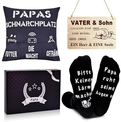 qianduoduo Papa Geschenk Geburtstag, 3 Stück Geschenk Vatertag| Weihnachten, Geschenke für Papa| Männer(Kissenbezug 45x45CM, Socken und Holzschild)