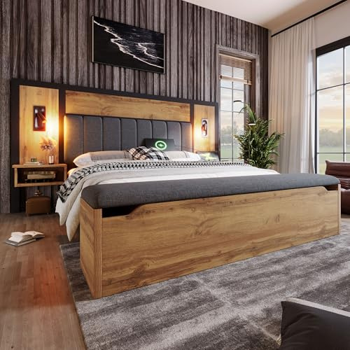 NNJN Doppelbett Polsterbett, Bettanlage mit Leselampe und USB C Nachttisch und Sitzbank mit Stauraum, Bettgestell mit Lattenrost aus Metall, Holz und Leinen, Eiche(Ohne Matratze) (160×200cm)