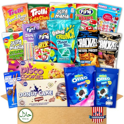 International Halal Candy Box | Ausgefallenes Geschenk| Exklusive Geschenkbox mit Donuts, Süßigkeiten & Chips | Urlaubssweets | 100% HALAL | Geschenk für Familie & Freunde | Candy & Bar ®