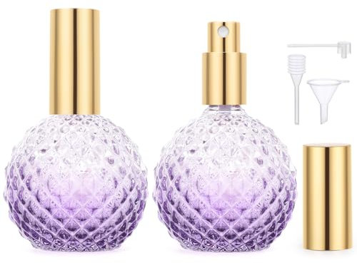 Segbeauty Bote Colonia Recargable, 2 Piezas 100ml Dispensador Perfume Viaje, Frasco Perfume de Vidrio, con Cabezale de Bomba, Embudo y Gotero (Morado)