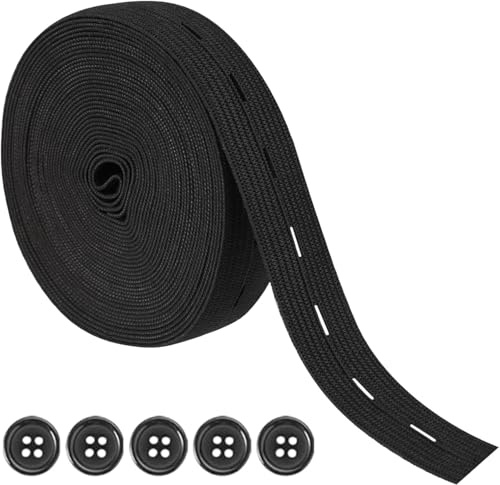 Heanvmyss Flat Elastic Wide Bands,20mmx5m Schwarz Gummiband Nähen,Elastisches Knopfloch-Set mit 5 Knöpfe,Flaches Nähband mit Knopfloch,Lochgummiband für Hosenrock,Stirnband,Stricken,Taillenbändern