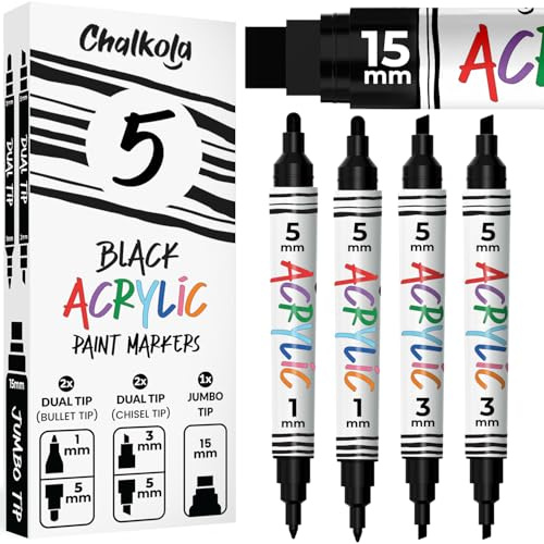 Chalkola 5 rotuladores acrílicos negros - Punta doble de tamaño fino y jumbo (1mm, 3mm, 5mm, 15mm) | Marcador de pintura negra permanente para carteles, madera, metal, rocas, tela, lienzo, vidrio