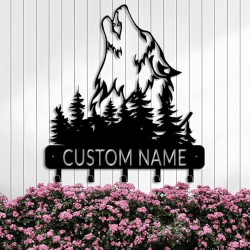 Riaeelvs Schlüsselhalter zum Aufhängen, personalisierbarer Schlüsselhalter für Wand, individueller Name, Metall, heulender Wolf, Schlüsselhaken, schwarze Schlüsselaufhänger, Wandhalterung