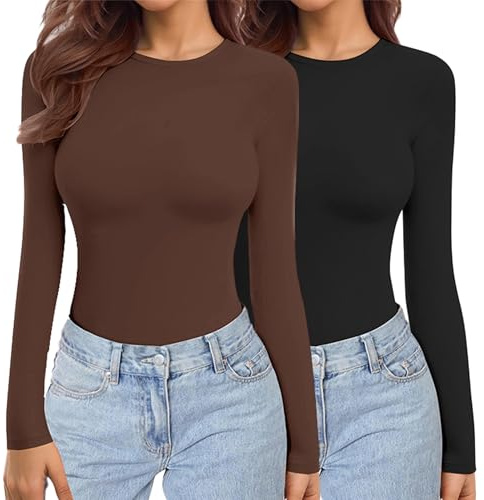 Ekouaer Womens 2 Pack Long Sleeve Tops Crew Neck Shirts Thermal Tops Stretch Fitted Underscrubs Layer Tee Black + Brown XL