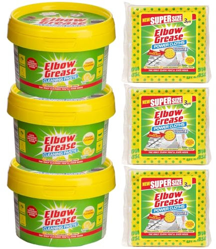 Elbow Grease 3X Cleaning Paste 350g, 3X Power Cloths 3 Pack, Stubborn Stain Remover Set for Kitchen, Bathroom, Multi-Surface, Tough on Grease, Grime, Marks, Dirt, Easy to Use
