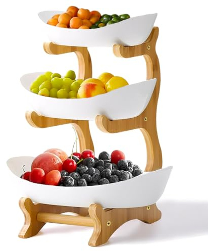 Qwatuy Obst Etagere mit 3 Etagen, Platzsparendes Obstkorb Etagere für die Familie, Stabil Und Ohne zu Zittern, Obstschale Modern mit Natürlichem Bambus Steher, für Gemüse, Obst, Snacks