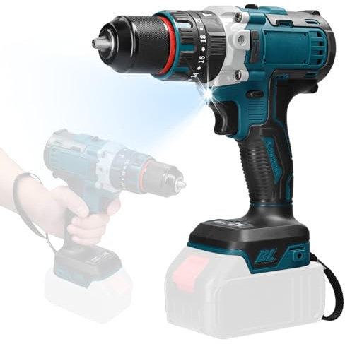 13mm Rechargeable Brushless Motor Electric Impact Drill Cordless Electric Screwdriver Heavy Duty Power Tool for DIY Home Improvement Professional Builders Blue Black (Without Handle)