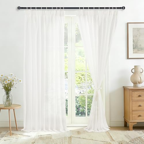 JIUZHEN Voile Vorhänge Kräuselband Gardine Weiss Halbtransparent Wohnzimmer | 2er Set H245 x B140 cm, Weiße Gardinen Schienensystem Dicke Voile Vorhang Sichtschutz für Schlafzimmer Kinderzimmer Büro