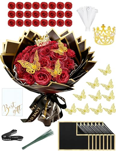 SciFiVisi 24 Stück Glitzer-Rosenstraußund, Rote Glitzer Rosen Bouquet, DIY künstliche Rosensträuße mit Krone und Goldener Schmetterling für Valentinstag, Hochzeit, Jahrestag, Verlobung, Geburtstag