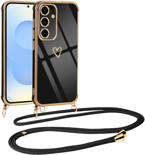 Vauki Handyband für Samsung Galaxy S26 Hülle mit Band, Handyhülle mit Kette, Herz Motiv, Ultra Dünn Stoßfeste Aesthetic Silikon Case mit Kordel zum Umhängen für Samsung Galaxy S26 6,3, Schwarz