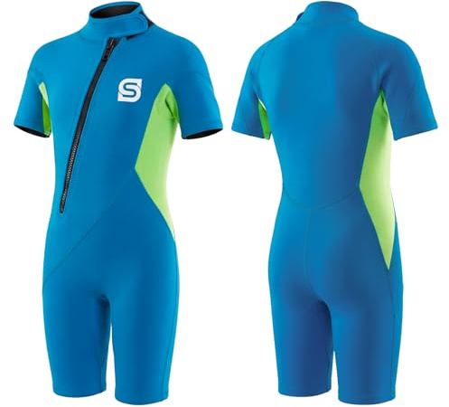 Summshall – Combinaison de plongée pour enfants, 2 mm, Shorty pour filles et garçons, combinaison de plongée en néoprène thermique, maillot de bain avec protection solaire, fermeture éclair avant