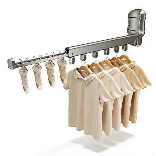 Wäscheständer Wandmontage Mit Saugnapf, Ausziehbarer Kleiderlüfter, Wäschetrockner Wand, Kleiderhaken Klappbar Kleiderlüfter, Wandmontierbarer Wäschetrockner Für Balkon, Wäsche, Badezimmer (Grau)