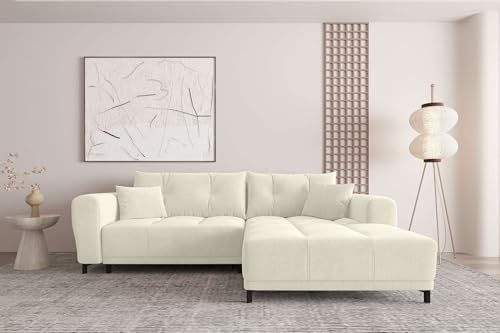 99rooms Massimo Ecksofa Polsterecke Eckcouch (Maße Schenkel): 258x181 cm Cordstoff POSO Creme mit Schlaffunktion Ottomane rechts