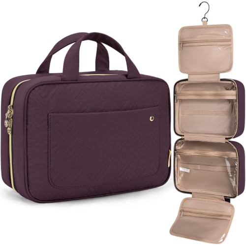 BAGSMART Hanging Travel Toiletry Bag 360° Hook for Full Size Bottle, Large | Women's Wash Bag & Makeup Toiletries Organiser, Large Capacity Travel Holiday Accessories, Crimson Purple