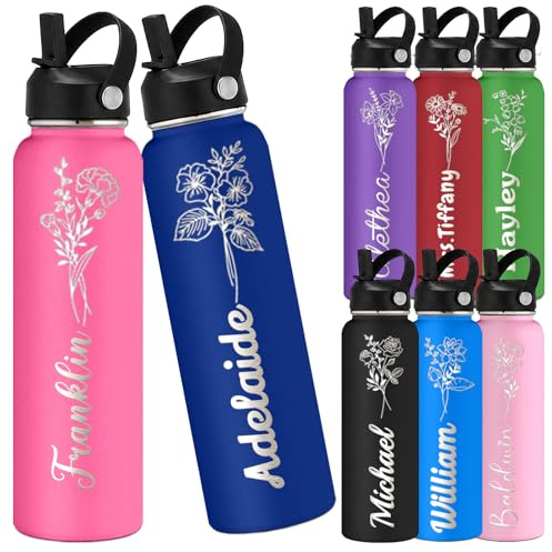 Personalised Water Bottle with Straw Lid Custom Name Engraved Stainless Steel Insulated Bottle Customised Double Wall Sports Space Cup for Kids School Gym Travel Birthday Gift 18/24/32/40 oz-Flower