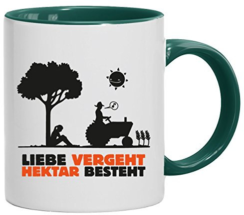 Geschenkidee Landwirt Kaffeetasse 2-farbige Liebe vergeht, Hektar besteht, Größe: onesize,weiß/grün