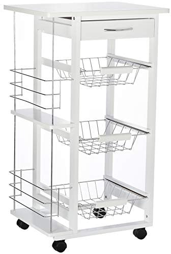 HOMCOM Chariot de Service desserte de Cuisine à roulettes Multi-rangements 3 paniers métal tiroir + 2 Range-Bouteilles Bois pin Blanc