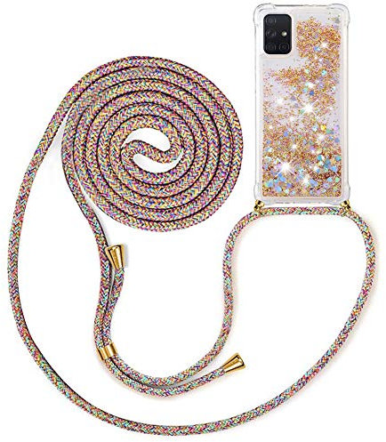 MXKOCO Handykette kompatibel mit Samsung Galaxy A71 Glitzer Flüssig Bewegende Treibsand Hülle mit Band Umhängetaschen+Hüllen mit Umhängeband Handykordel mit Schutzhülle Stylische Kette mit Hülle